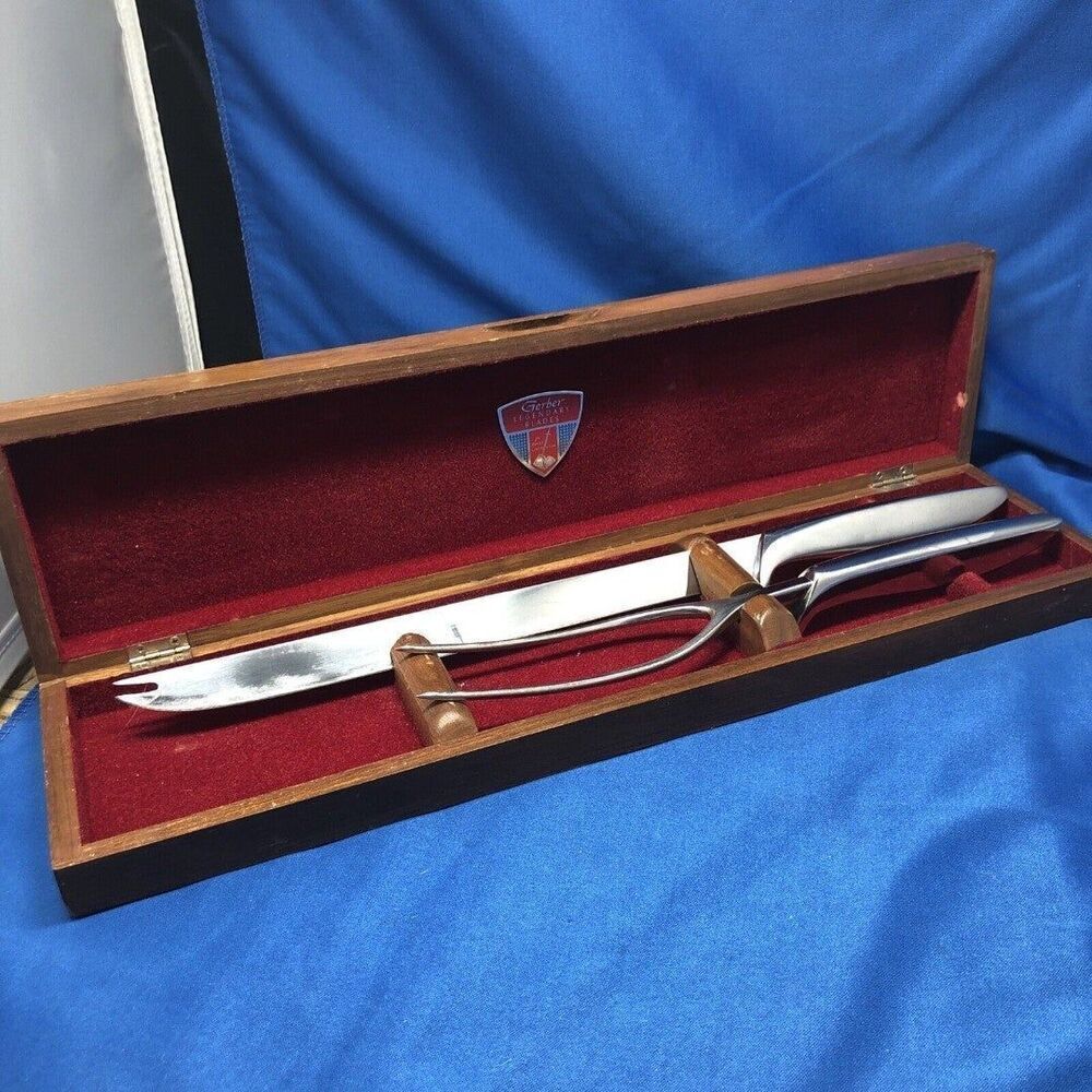 GERBER LEGENDARY BLADES Serving Fork 15" and Knife 11” In Wooden Box Vintage